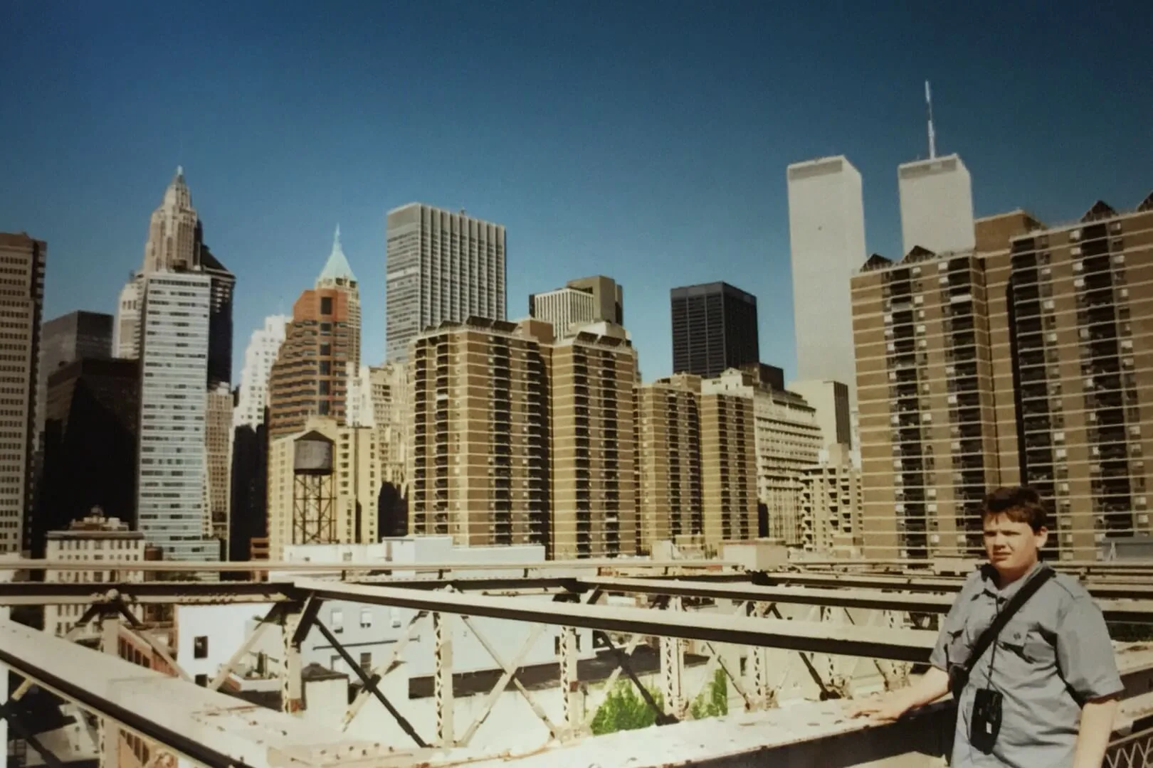 A view from the Brooklyn Bridge with the World Trade Center in the background.