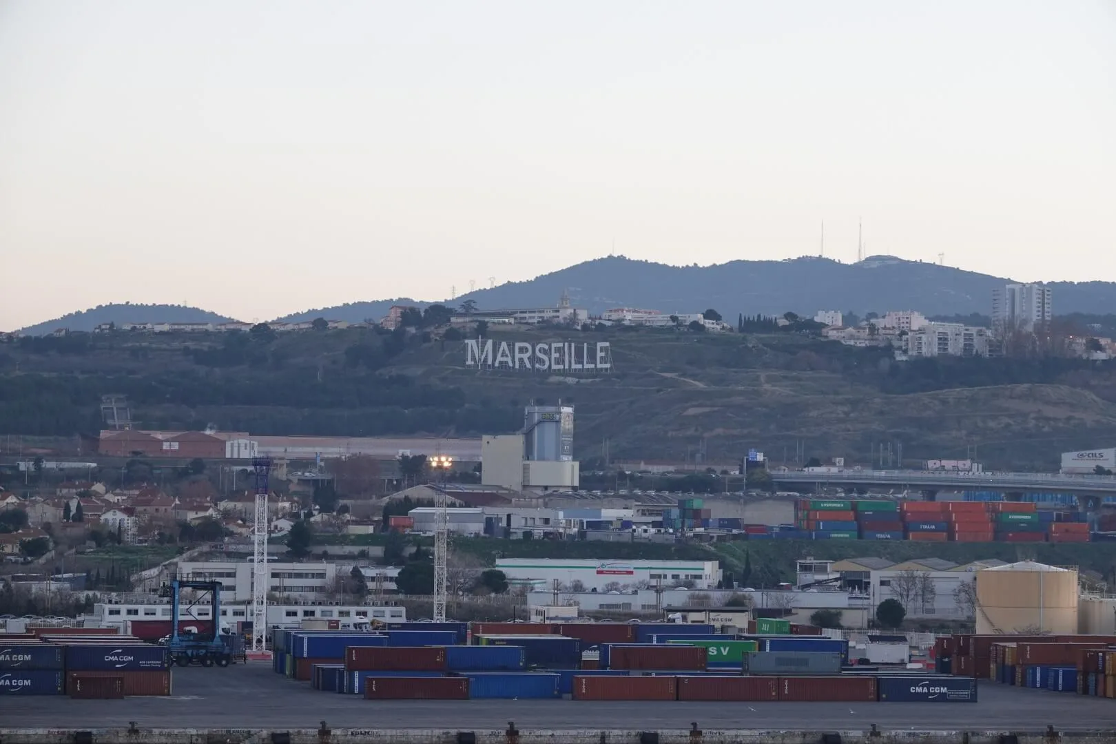 A view from the ship of the Marseille sign.