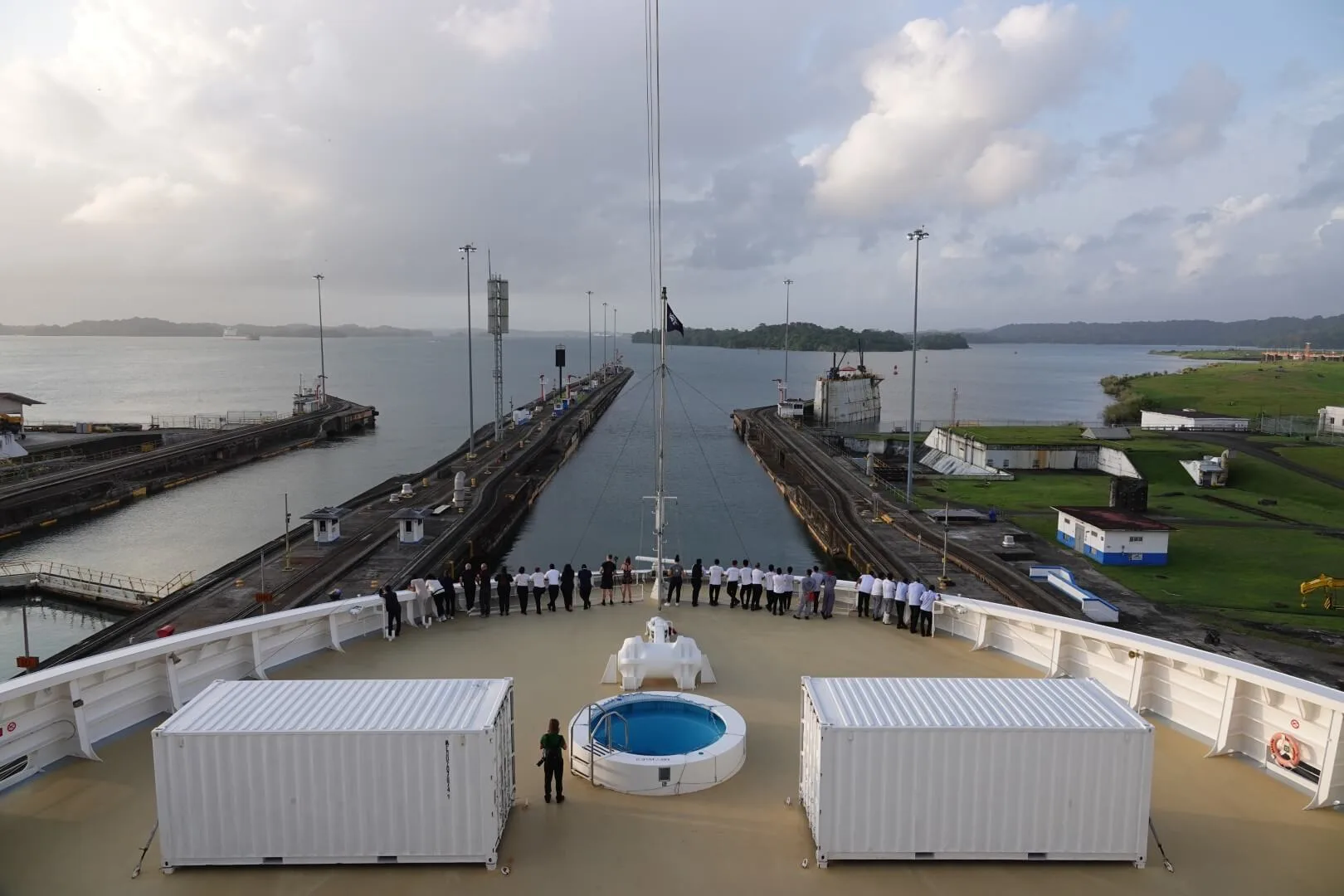The MSC Poesia passing through the Panama Canal lock.