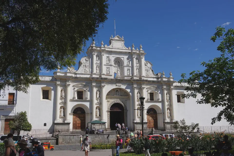 A view of the church at the central plaza in Antigua.