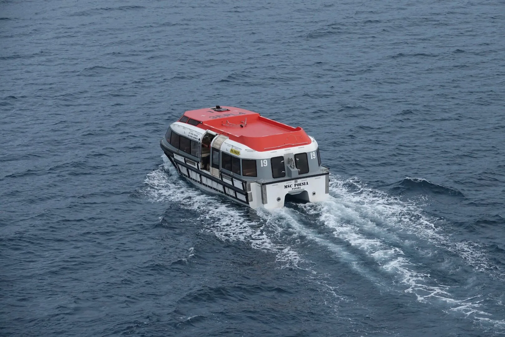 A view of one of the lifeboats used during the tendering process.