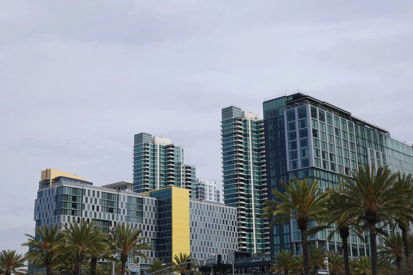 A view of the high-rise buildings right by the pier in San Diego.