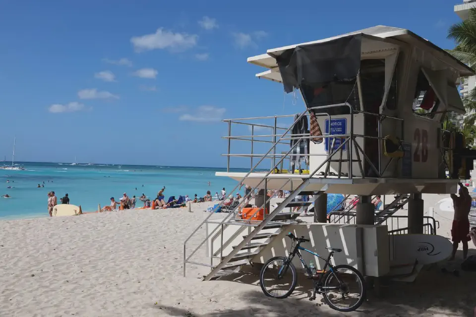 A view of Waikiki Beach, still crowded even in February.