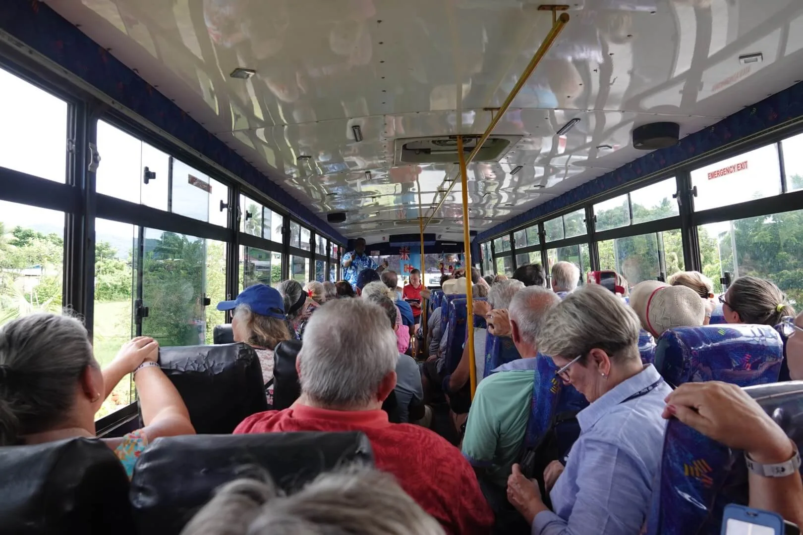 A look inside our crowded bus - no air conditioning and only small windows.