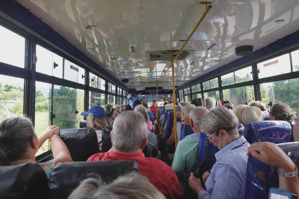 A look inside our crowded bus - no air conditioning and only small windows.