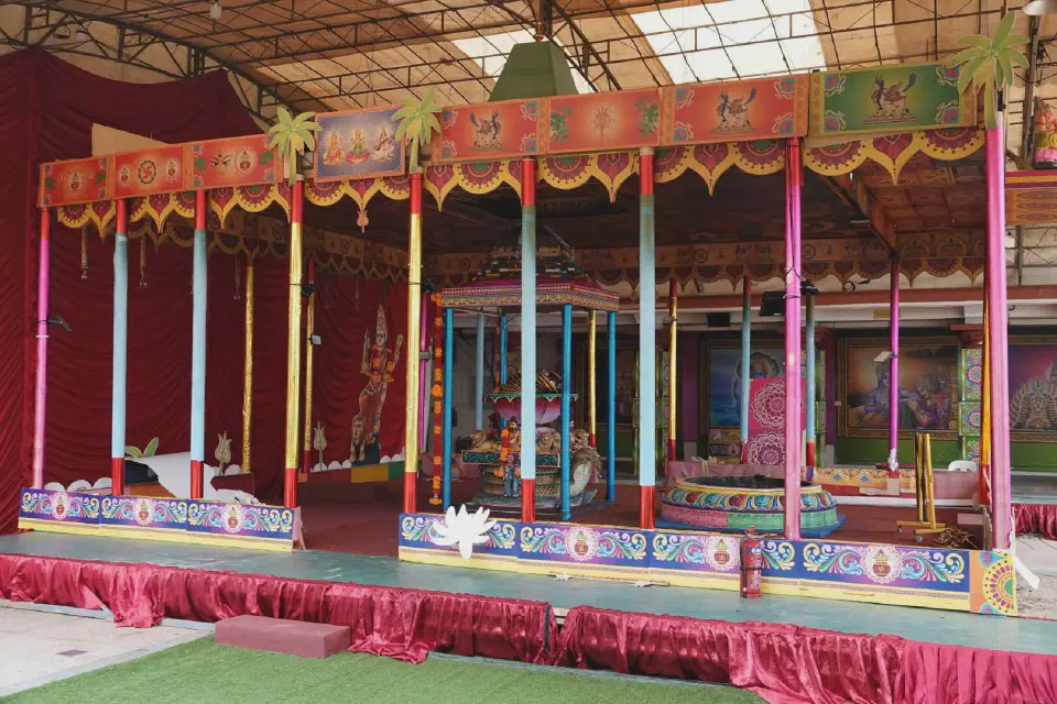 A view inside the colorful Hindu temple.