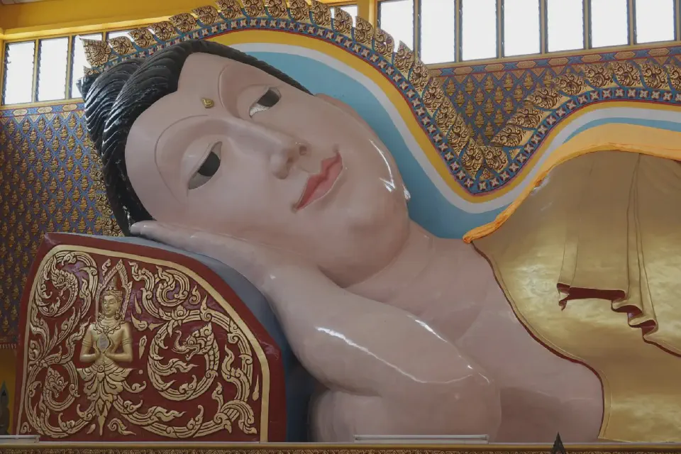 A close-up view of the enormous head of the reclining Buddha statue.
