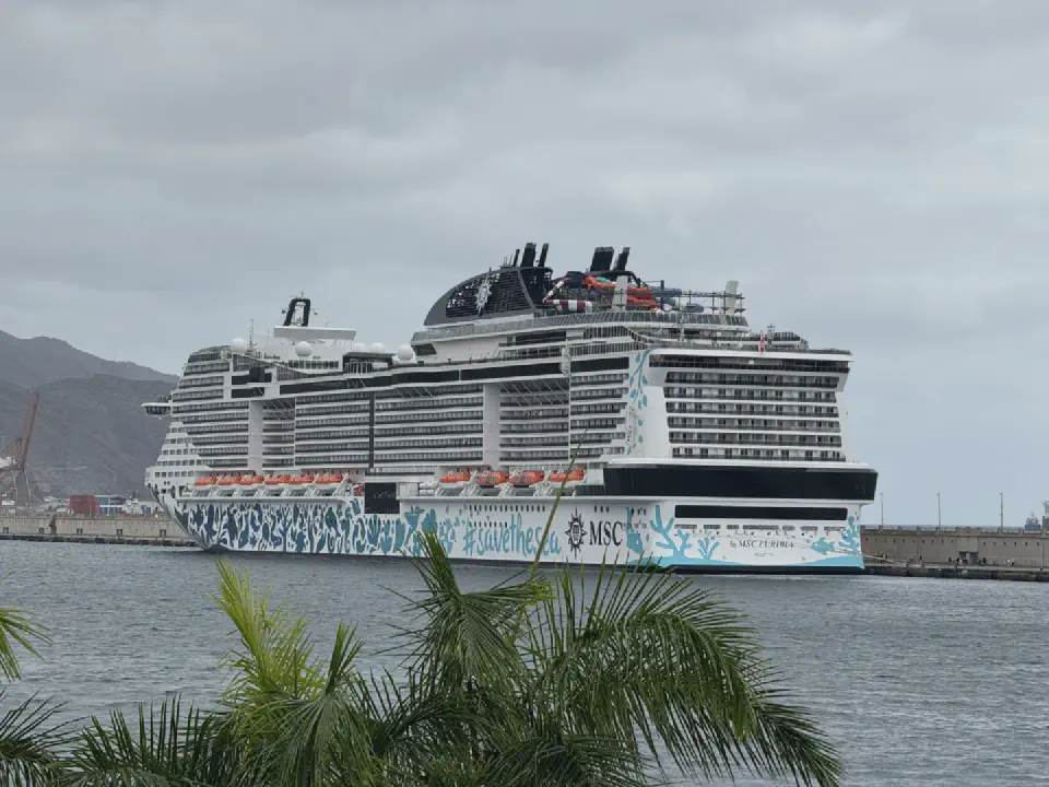 MSC Euribia in the port of Santa Cruz de Tenerife - an impressive sight against the backdrop of the Canary Islands.