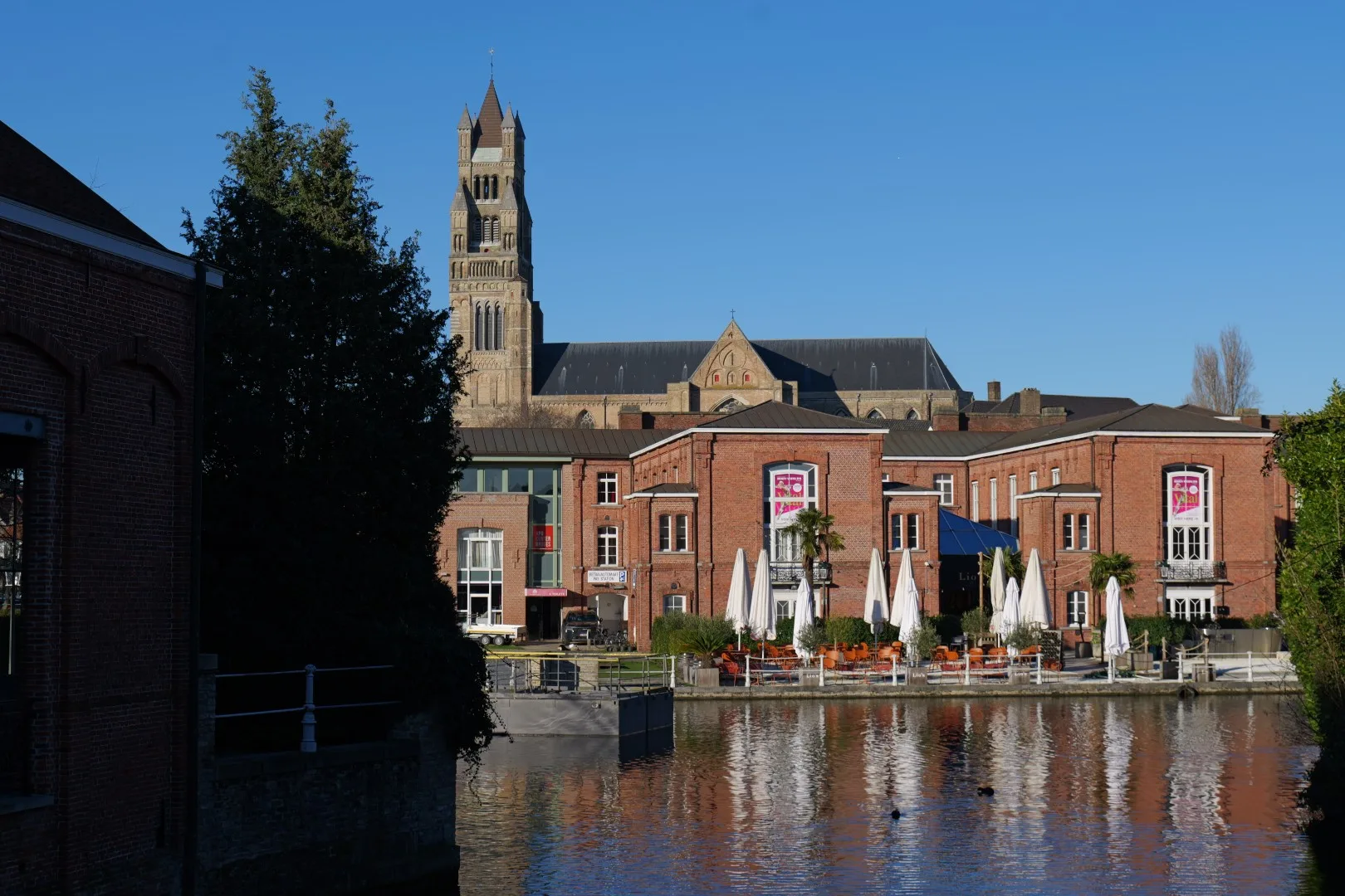 View across the canals of Bruges toward the Church of Our Lady.