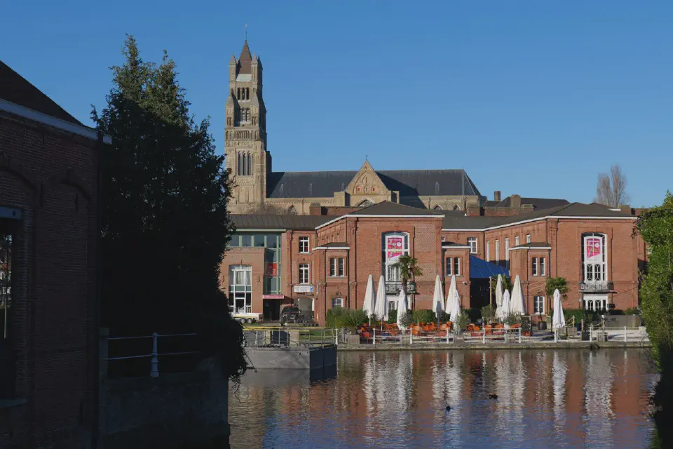 View across the canals of Bruges toward the Church of Our Lady.