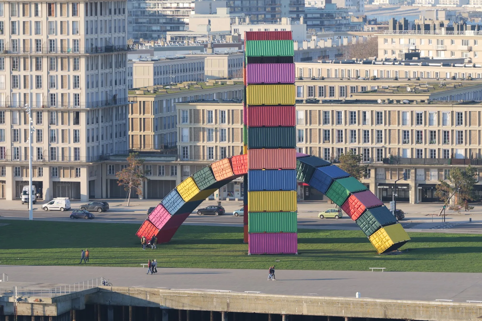 Colorful landmark of Le Havre: the sculpture Catène de Containers, made of brightly stacked shipping containers.