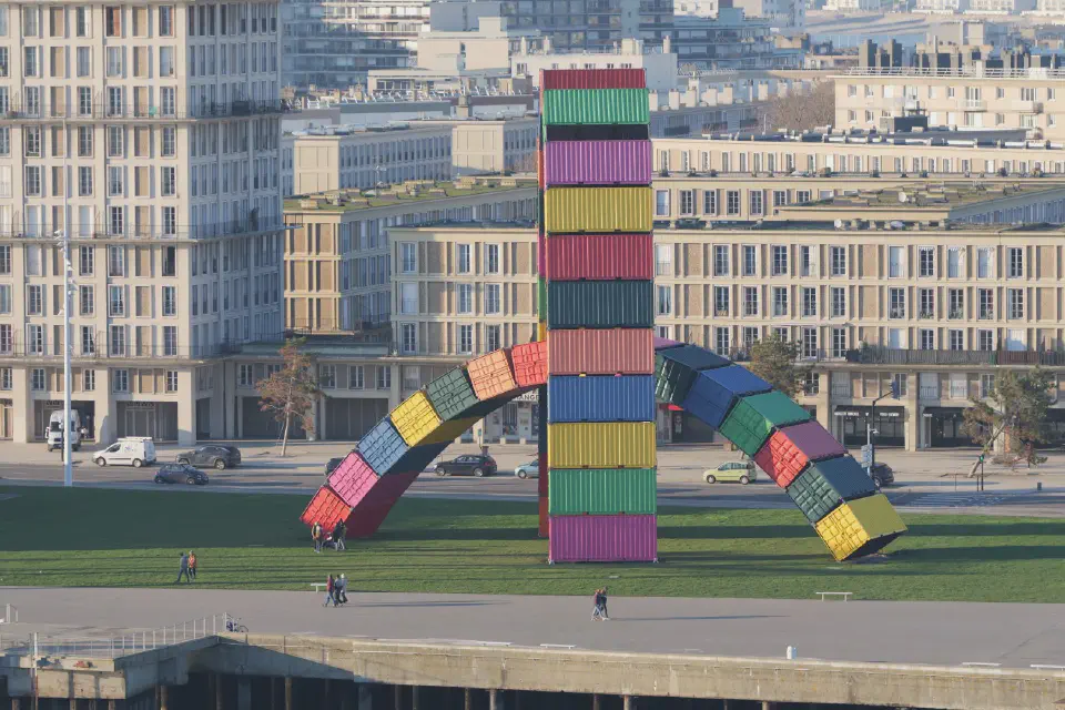 Colorful landmark of Le Havre: the sculpture Catène de Containers, made of brightly stacked shipping containers.