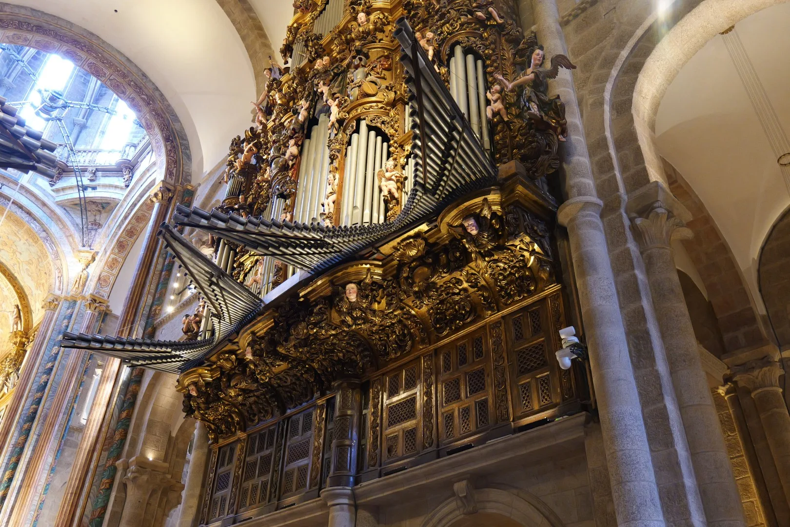 The richly decorated organ of Santiago de Compostela Cathedral - a baroque masterpiece full of detail and symbolism.