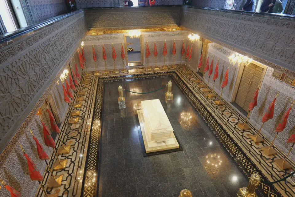 The Mausoleum of Mohammed V in Rabat - splendid marble architecture, intricate ornaments, and the sarcophagus of the revered king.