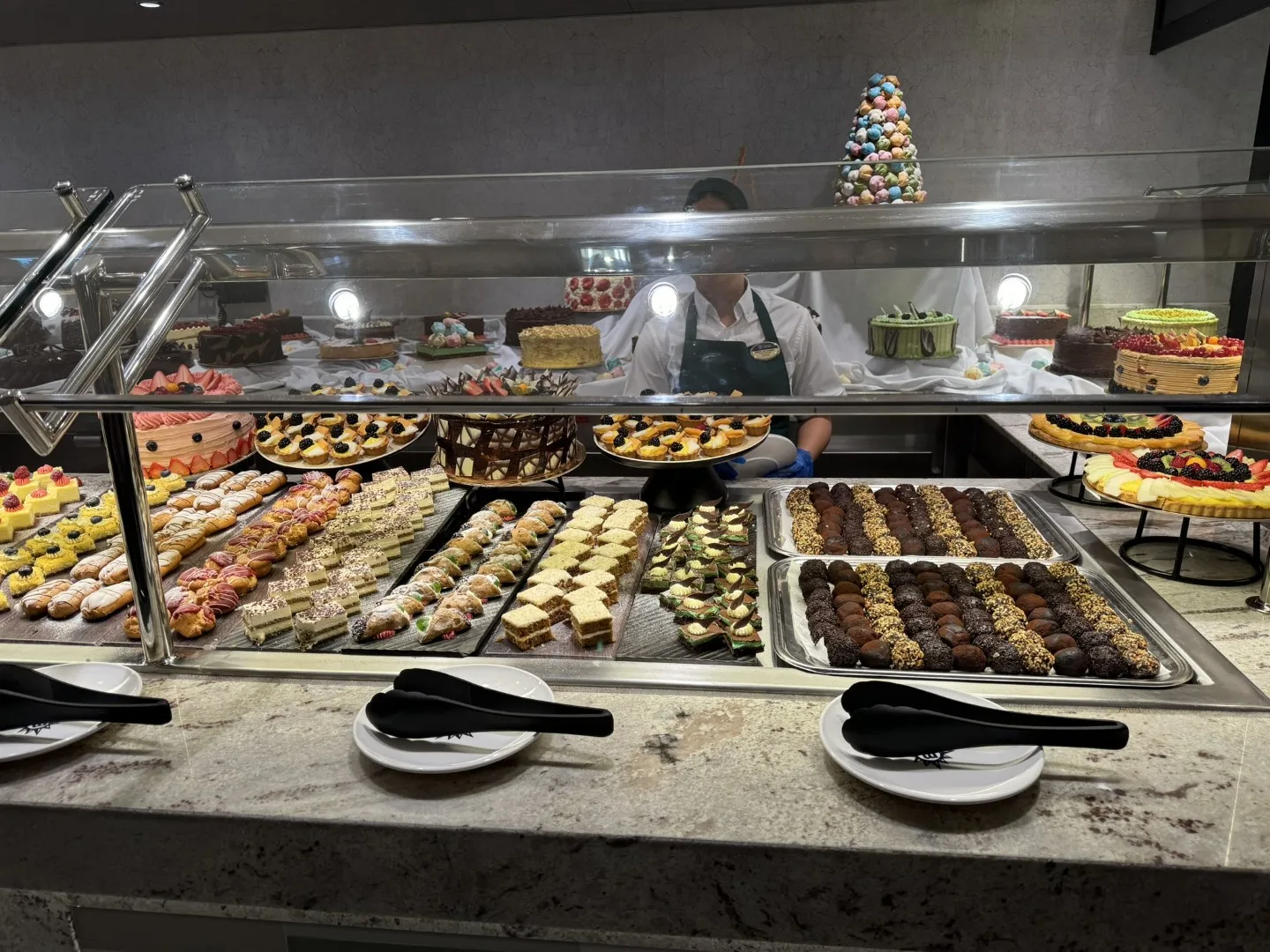 A sweet temptation on board: the lavish dessert buffet of the MSC Euribia with cakes, pastries, and chocolates.