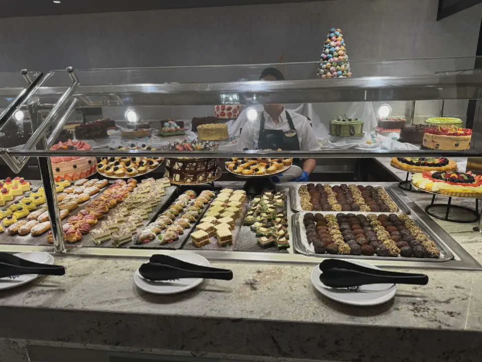 A sweet temptation on board: the lavish dessert buffet of the MSC Euribia with cakes, pastries, and chocolates.