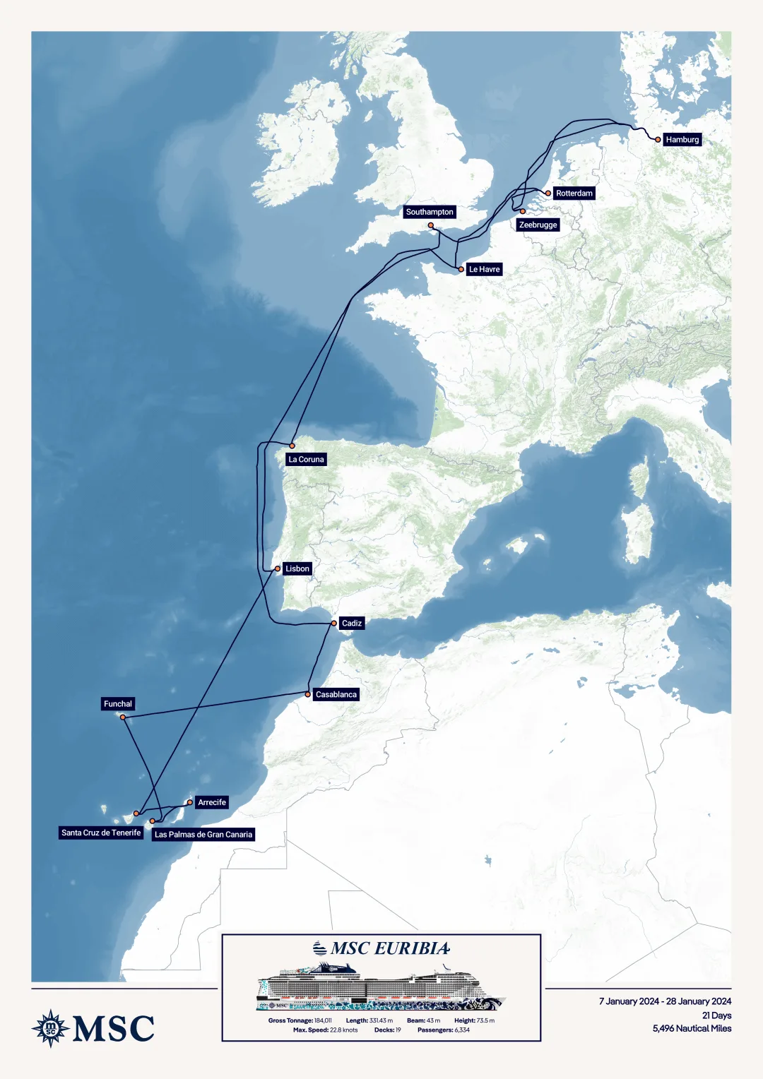 Winter Cruise with MSC Euribia (January 2024) route map