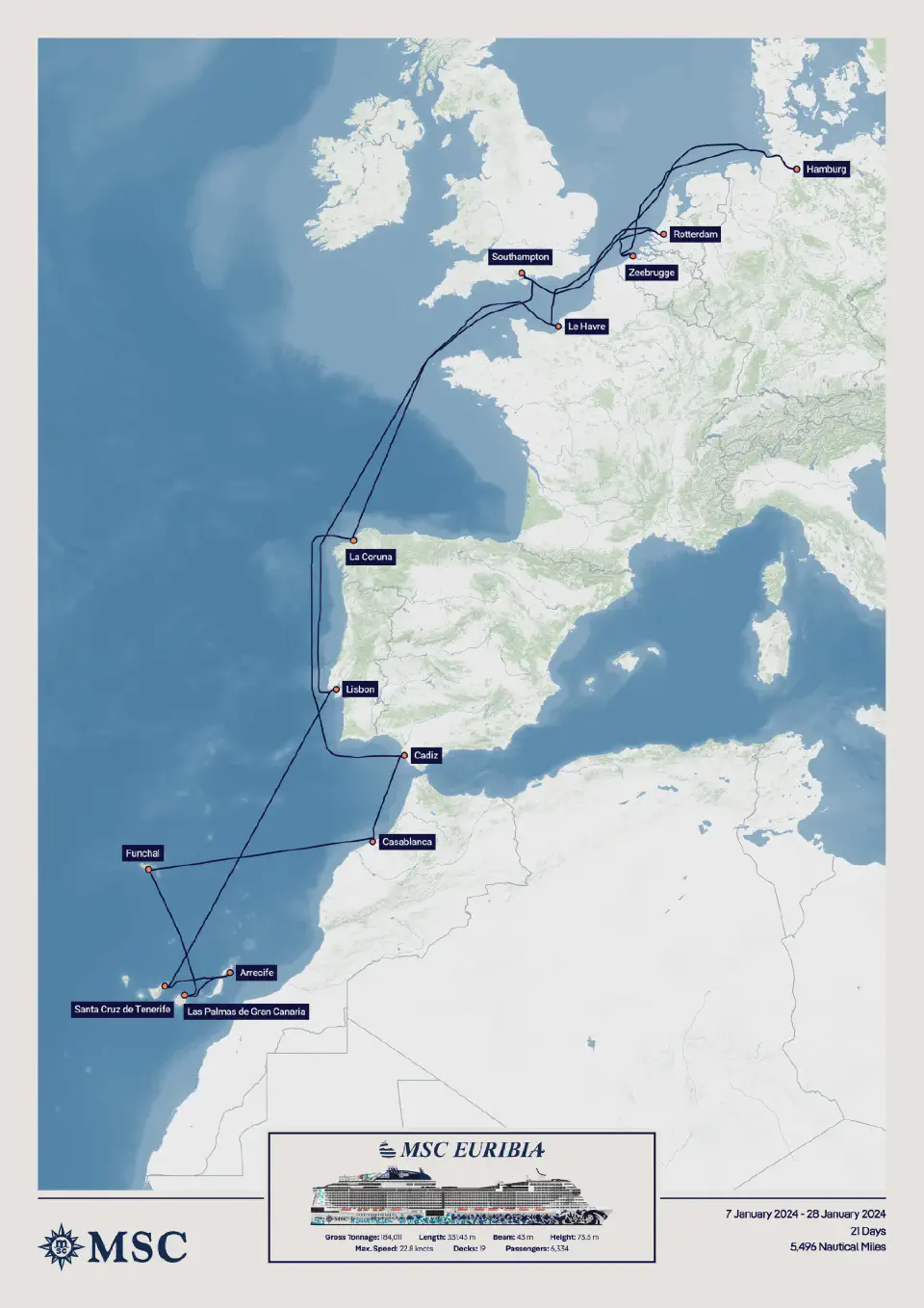 Winter Cruise with MSC Euribia (January 2024) route map