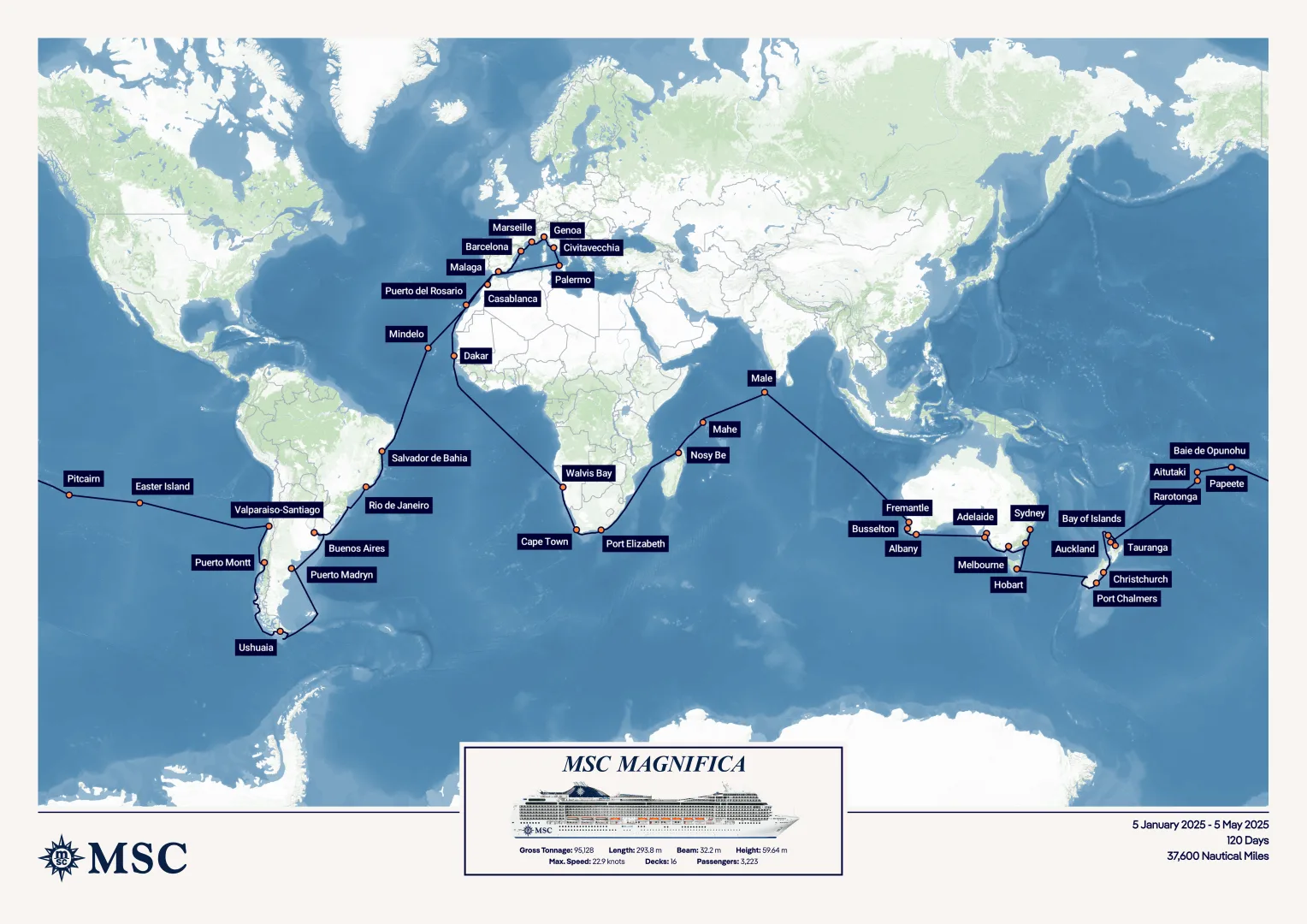 World Cruise with MSC Magnifica (2025) route map