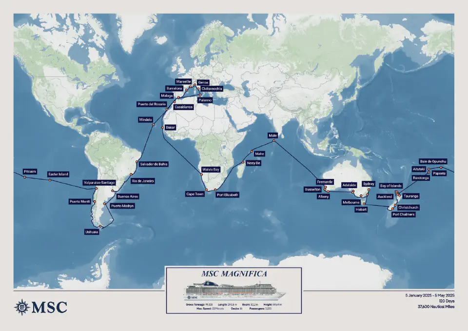 World Cruise with MSC Magnifica (2025) route map