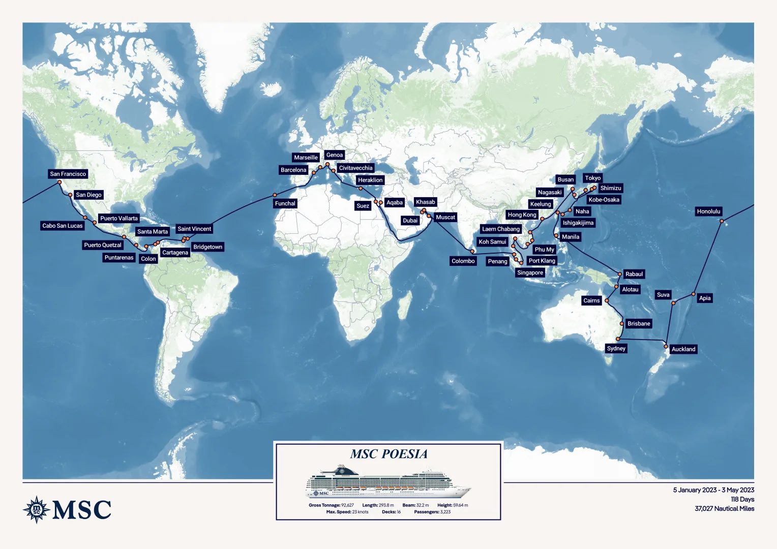 World Cruise with MSC Poesia (2023) route map