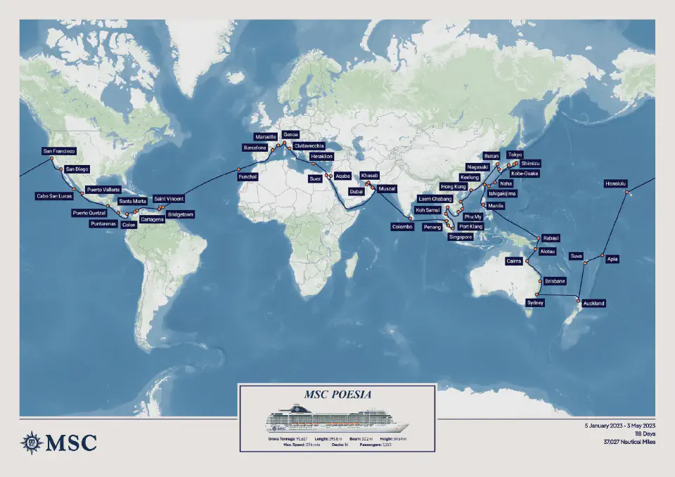 World Cruise with MSC Poesia (2023) route map